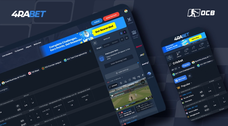 4Rabet mobile and desktop screenshot, blue background, OCB logo