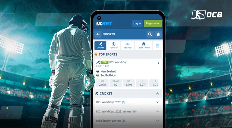Cricket betting odds screenshot on mobile, batsman and OCBsports logo in corner